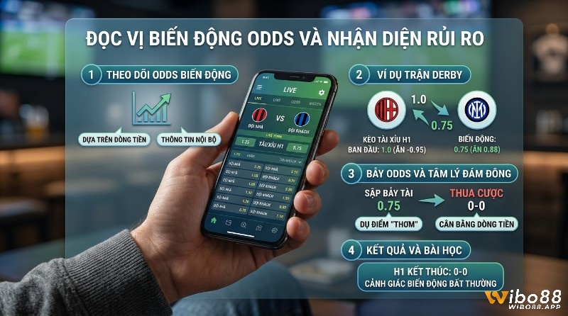 Đọc vị biến động odds, nhận diện rủi ro, từ ví dụ trận derby Milan, kèo Over/Under hiệp 1 từ 1.0 xuống 0.75, kết quả 0-0, cảnh báo bẫy odds