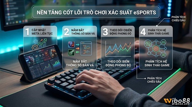 Nền tảng cốt lõi trò chơi xác suất của&nbsp;kinh nghiệm cược eSports: cập nhật meta, nắm bắt thông số bản vá, theo dõi phong độ, phân tích hệ sinh thái game qua màn hình và bàn phím