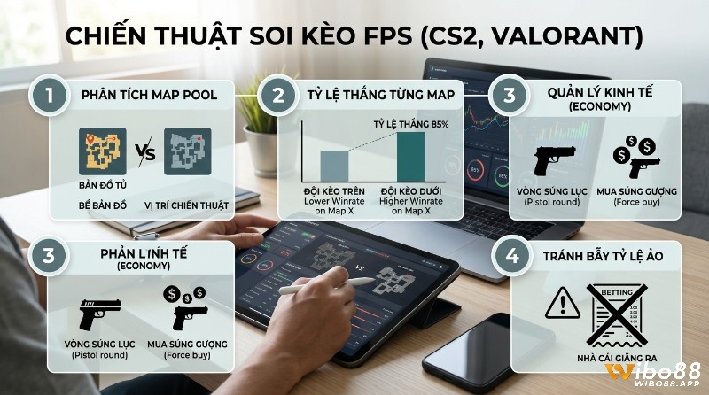 Chiến thuật soi kèo FPS CS2 Valorant thực chiến: phân tích Map pool, tỷ lệ thắng từng bản đồ (85%), quản lý kinh tế vòng súng lục, mua súng gượng, tránh bẫy tỷ lệ ảo