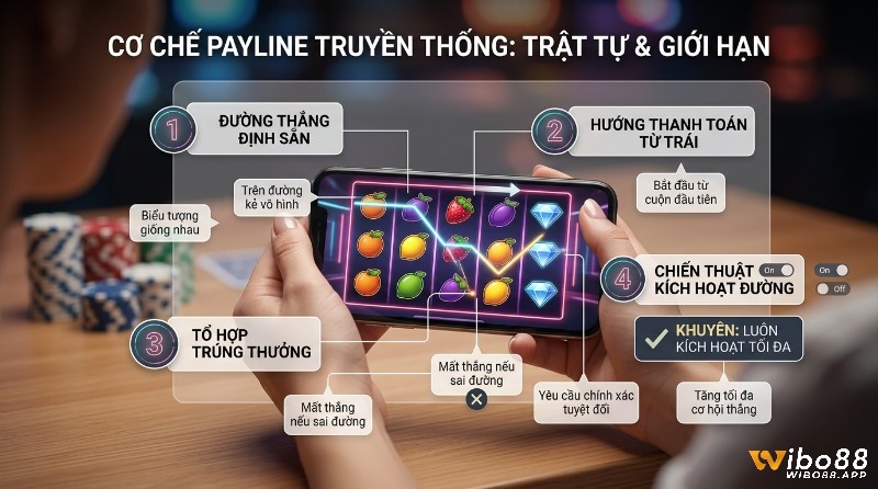 Cơ chế Payline truyền thống trên điện thoại, đường thắng ziczac, qua biểu tượng trái cây, kim cương, từ trái sang phải, khuyên kích hoạt tối đa