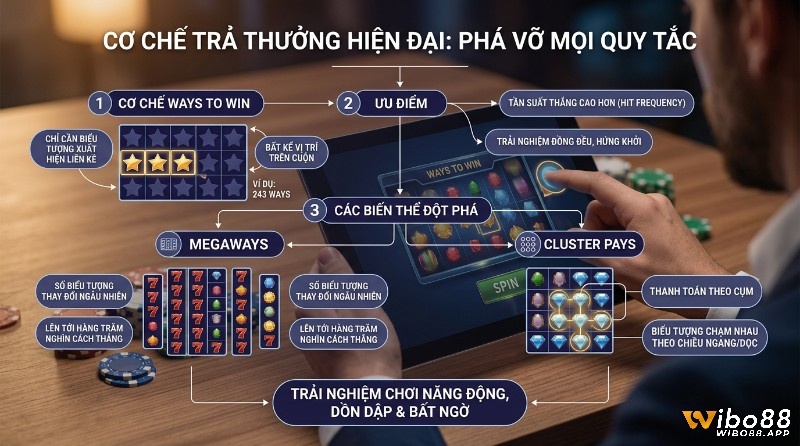 Cơ chế payline vs ways to win, Megaways, Cluster Pays: Biểu tượng liền kề, số biểu tượng thay đổi, thanh toán cụm kim cương, trải nghiệm năng động