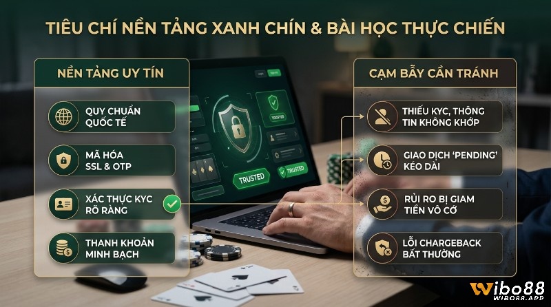 Tiêu chí nền tảng xanh chín: Quy chuẩn quốc tế, mã hóa SSL/OTP, KYC rõ ràng, thanh khoản minh bạch. Cạm bẫy: thiếu KYC, giao dịch pending, giam tiền, lỗi chargeback