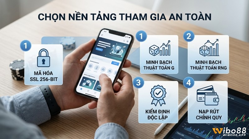 Lựa chọn nền tảng an toàn với 4 tiêu chí: mã hóa SSL 256-bit, minh bạch thuật toán RNG, kiểm định độc lập, nạp rút chính quy