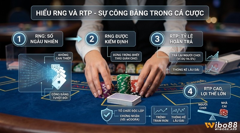 Quy trình RNG tạo số ngẫu nhiên được kiểm định độc lập và RTP tỷ lệ hoàn trả 96.5% cho người chơi, minh bạch và công bằng trong cá cược