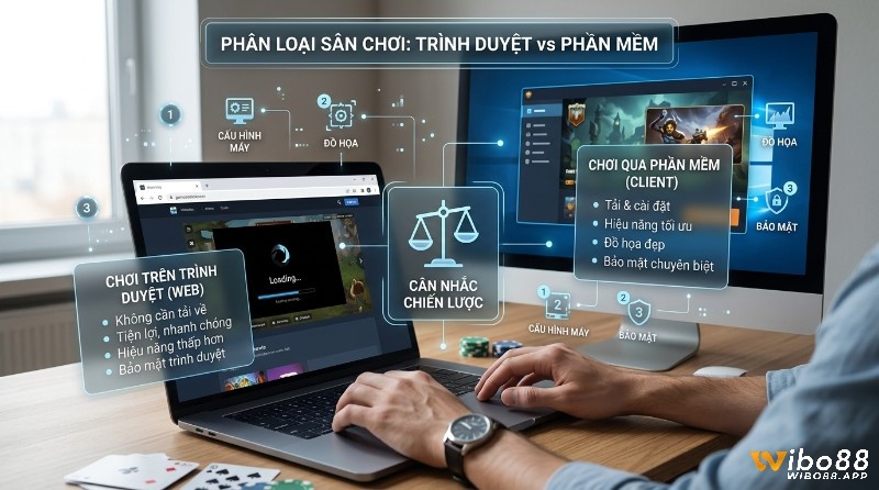 Phân loại sân chơi game online chơi trên máy tính giữa trình duyệt và phần mềm client, so sánh ưu nhược điểm về hiệu năng, đồ họa, bảo mật và cấu hình máy