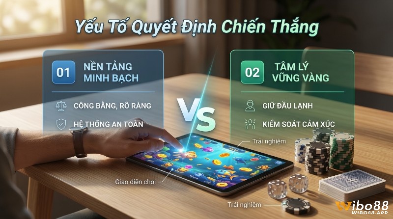 Yếu tố quyết định chiến thắng: nền tảng minh bạch và tâm lý vững vàng. Người chơi tương tác game bắn cá trên tablet, có chip, xúc xắc, bài