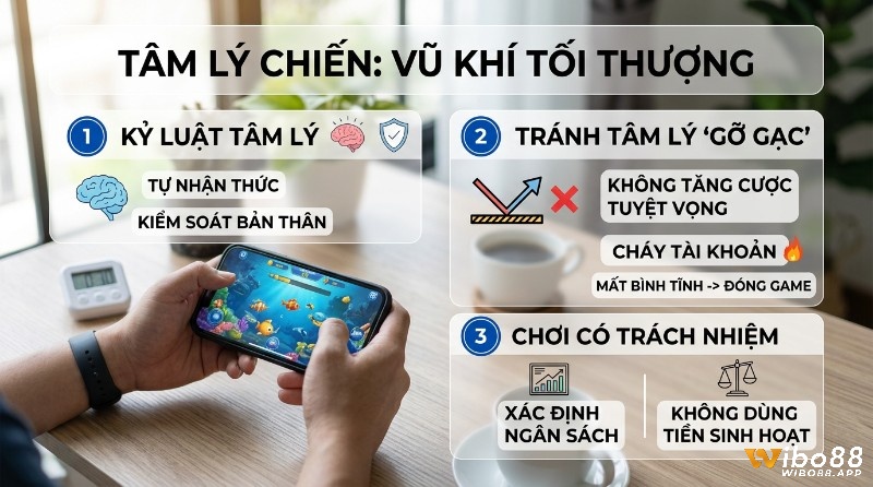 Tâm lý chiến: kỷ luật, tự nhận thức, kiểm soát bản thân. Tránh gỡ gạc, không tăng cược tuyệt vọng, đóng game khi mất bình tĩnh. Chơi có trách nhiệm, xác định ngân sách, không dùng tiền sinh hoạt khi chơi bắn cá