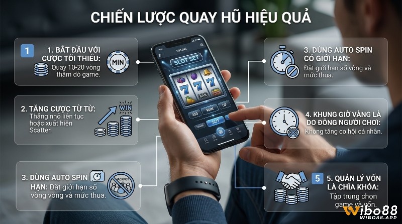 Chiến lược đặt cược hiệu quả khi quay hũ: bắt đầu cược tối thiểu, tăng dần, dùng auto spin có giới hạn, hiểu khung giờ vàng, quản lý vốn