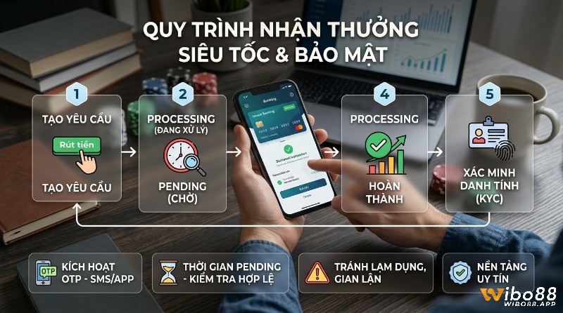 Quy trình nhận thưởng siêu tốc, bảo mật: 5 bước rút tiền (yêu cầu, chờ, xử lý, hoàn thành, KYC) và các biện pháp OTP, tránh gian lận