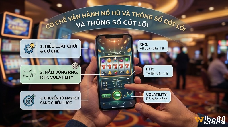 Giải mã cơ chế vận hành nổ hũ, thông số cốt lõi RNG, RTP, Volatility trên điện thoại hiển thị game slot và bảng payout trong quay nổ hũ như thế nào